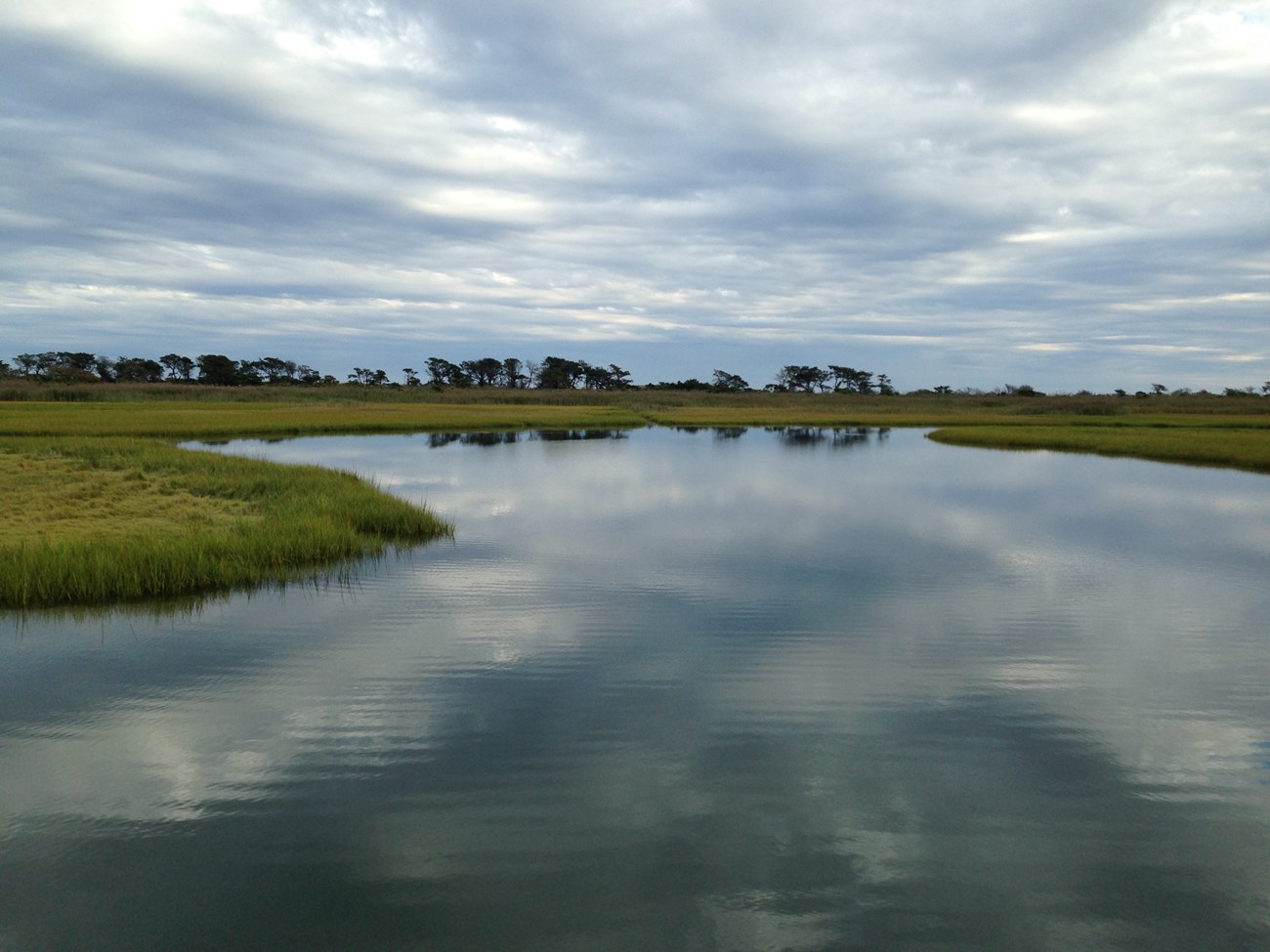 Calm water and salt marsh on Great South Bay