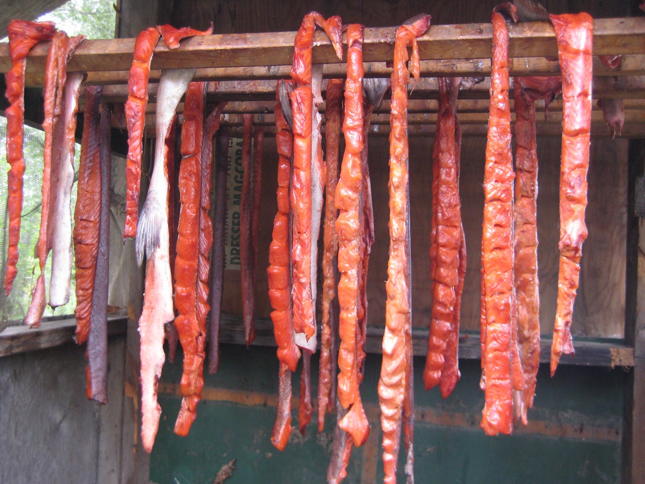 Long strips of salmon hanging on wooden racks in a smokehouse
