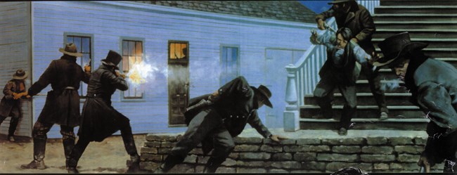 Painting shows men with guns aimed toward a building. One appears to be actively firing.