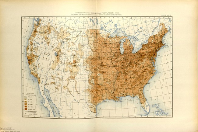 Historical map of the United States showing population density high in the east and much lower in the west, with a significant boundary at the 100th meridian.