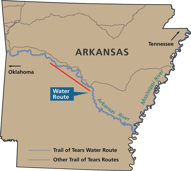 Map depicting the state of Arkansas and the Arkansas River as the Water Route of the Trail of Tears with other routes indicated.