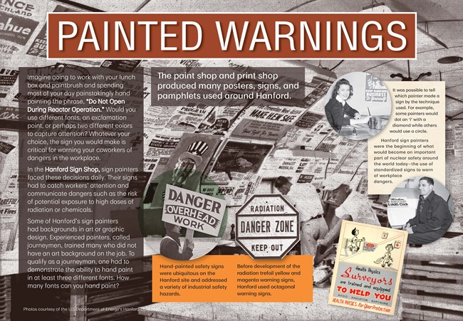 An exhibit panel with text, photographs and hand-painted warning signs