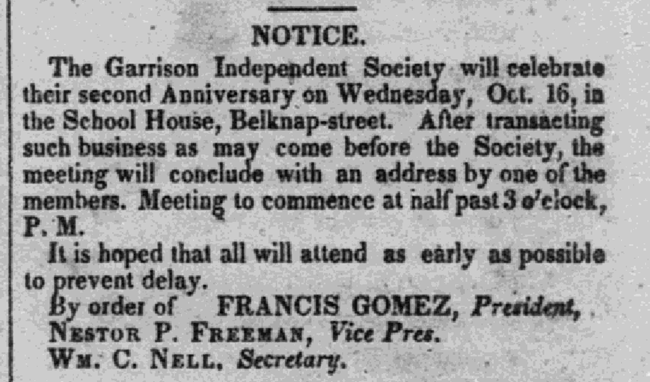 A notice in The Liberator for a Juvenile Garrison Independent Society meeting, October 16, 1833