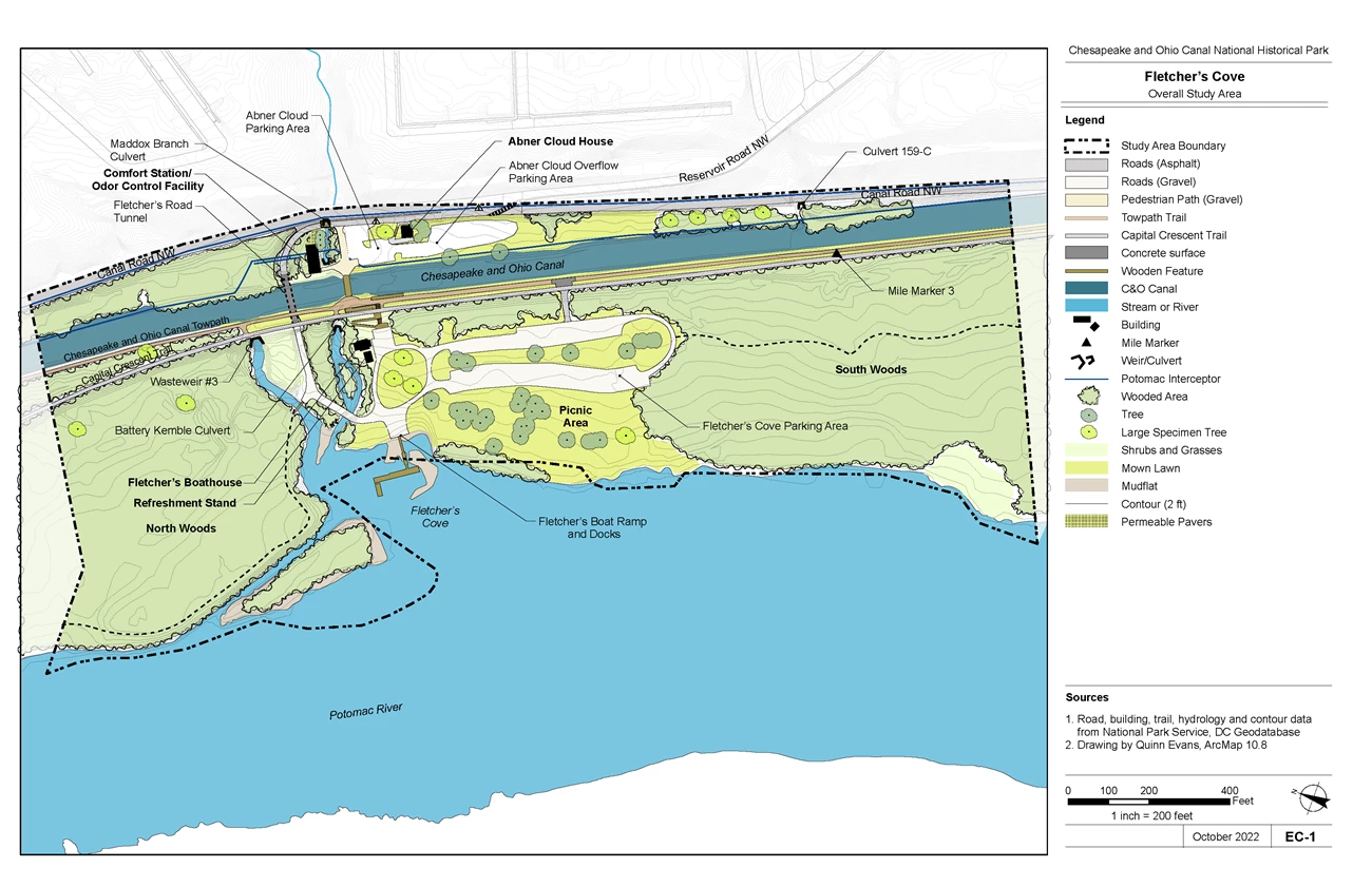 Labeled site plan shows features of the Fletcher's Cove cultural landscape, beween the Potomac River and C&O Canal.