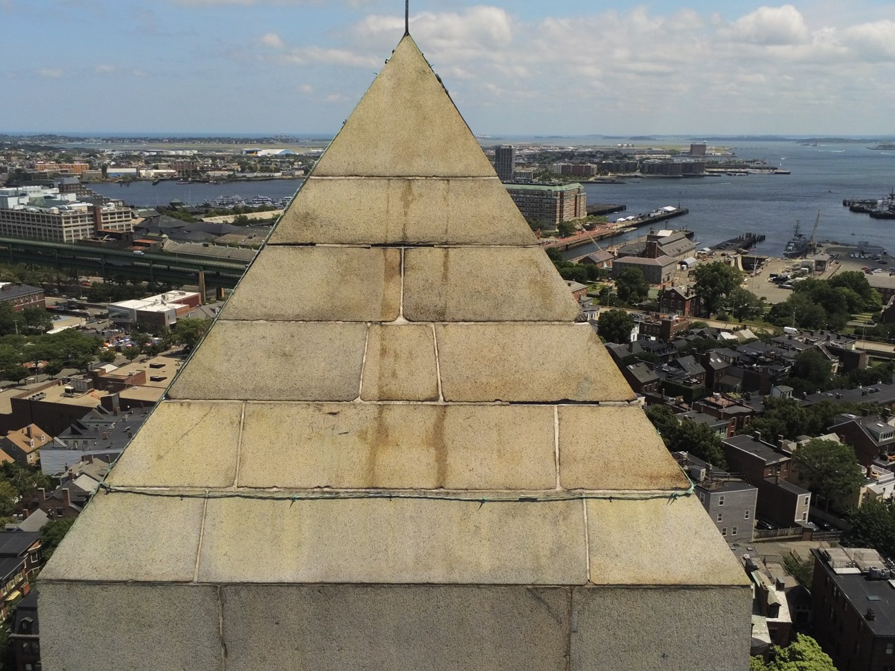 Drone view of the pyramidion in 2023 showing gaps in the mortar