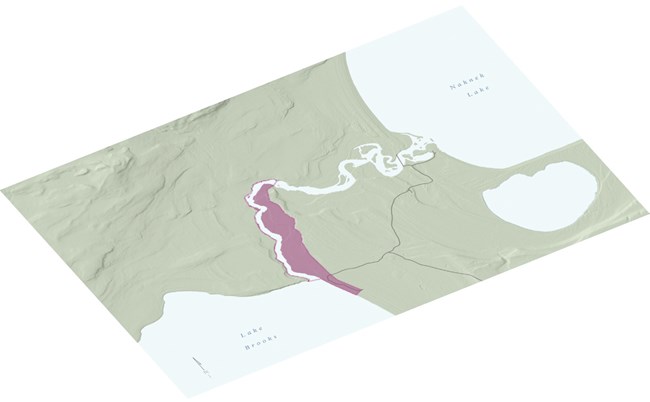The boundary of a cultural landscape is shaded on a map, along the shore of Lake Brooks and a river