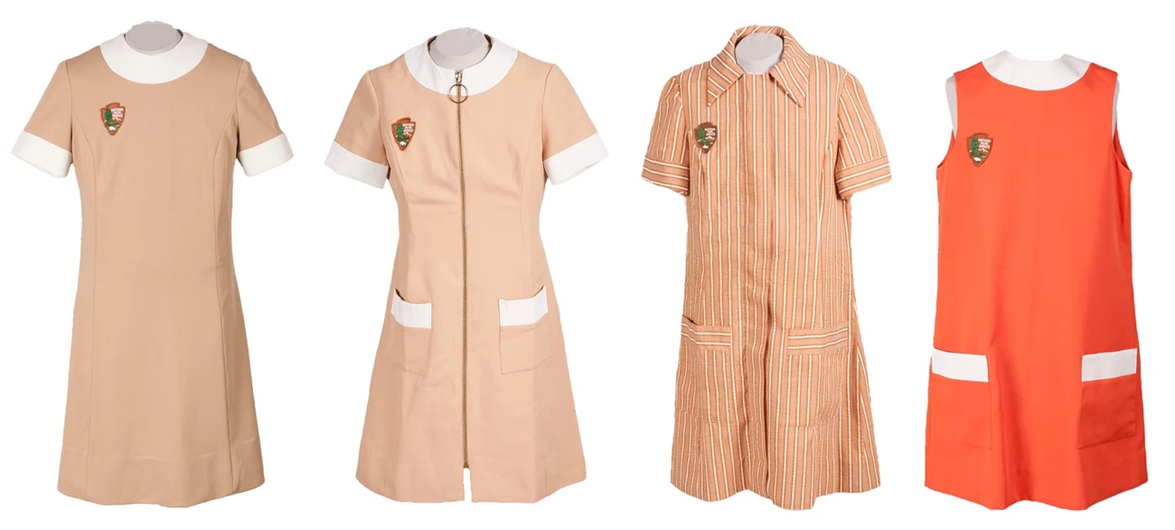 four beige, brown, and orange dresses