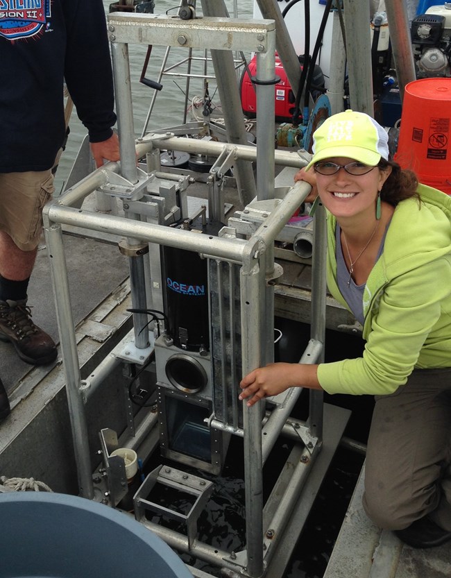 Monique LaFrance with sonar equipment aboard the research boat