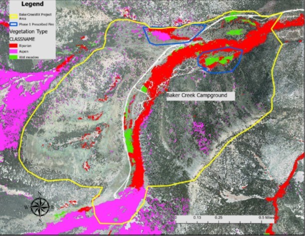 map of Baker Creek area showing where prescribed fire areas are