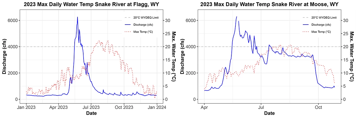 Two line graphs of discharge and temperature showing maximum daily water temperatures in the Snake River exceeded standards for cold water fish for 40 days in July and August at Flagg Ranch and on 10 days at Moose.