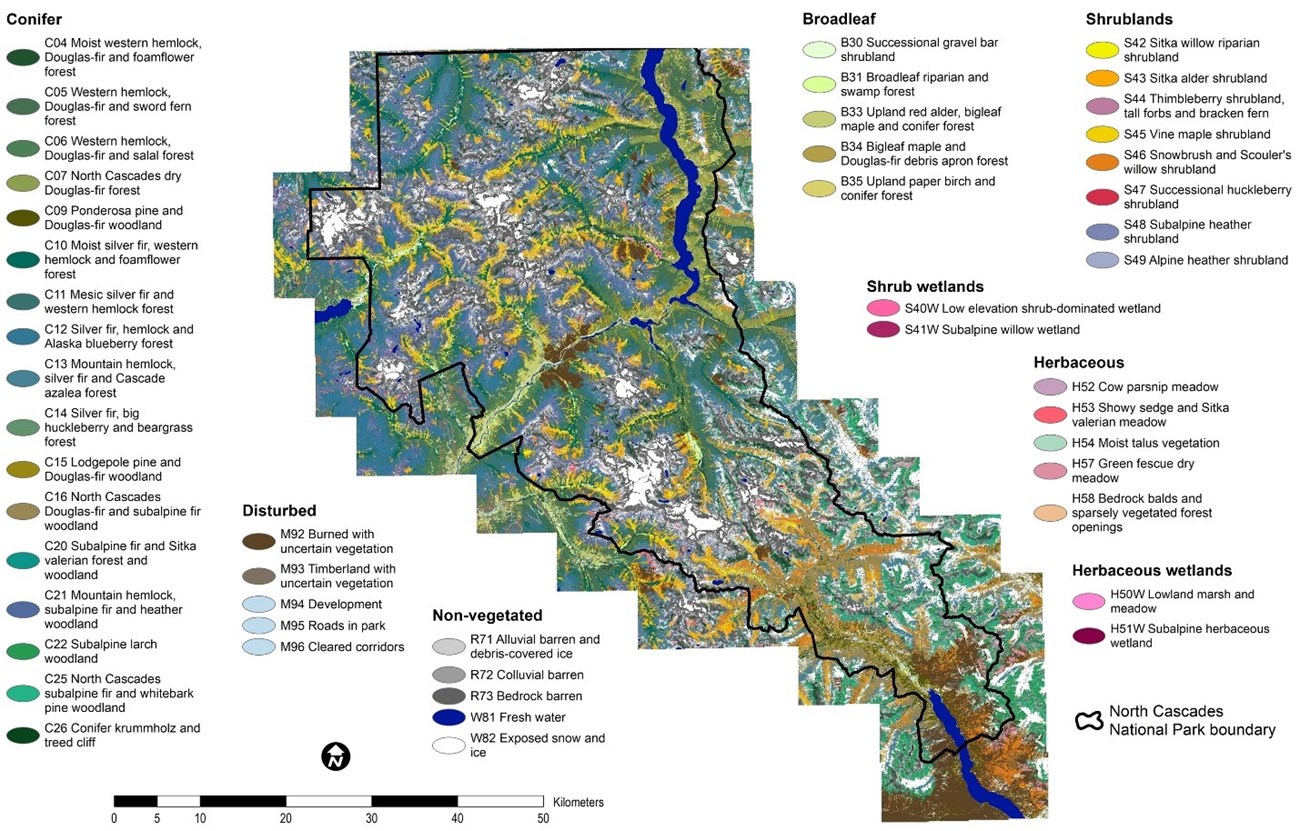 Map showing patterns of the vegetation communities in the park, including 17 conifer communities, followed by 5 broadleaf, 5 herbaceous, 8 shrubland, 5 non-vegetated, 2 herbaceous wetland, and 2 shrub wetland communities as well as 5 disturbed classes.