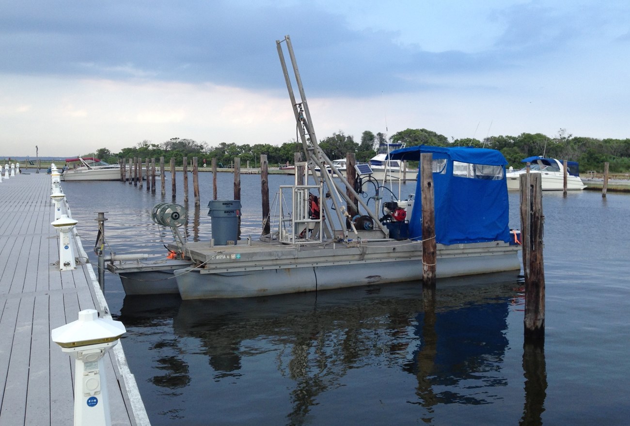 The pontoon boat used for the survey, at the dock
