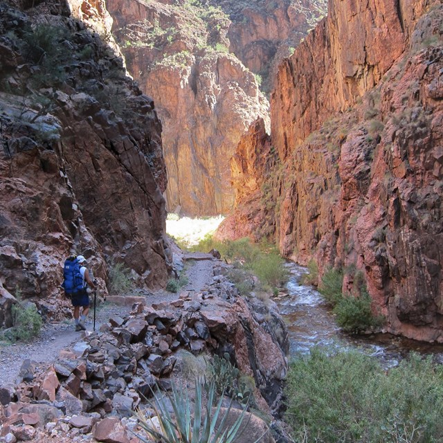 Hiker walking down a trail in a steep-sided canyon