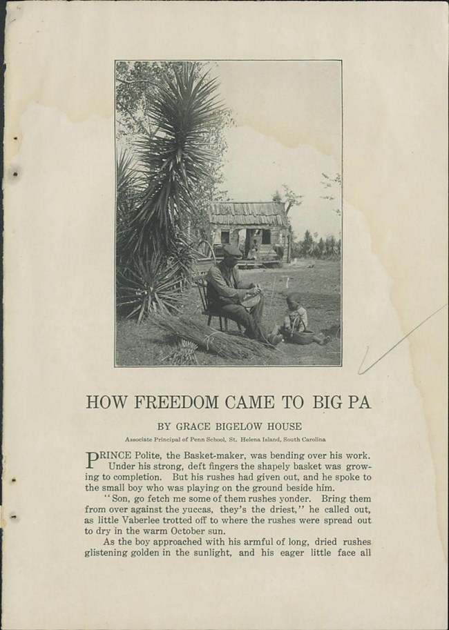 The front page of the essay "How Freedom Came to Big Pa" with a man sitting in a chair outside making a basket while a young boy watches.