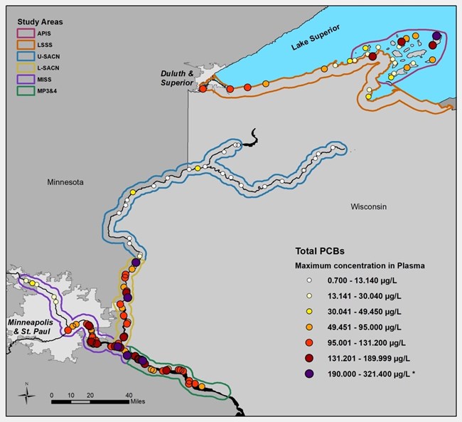 Map of northwestern Wisconsin and eastern Minnesota showing distribution and amount of PCBs in eagles.