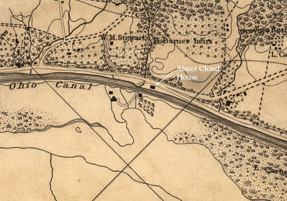 Close up of a tan and black map depicting the Chesapeake and Ohio Canal at the future Fletcher’s Cove. The Abner Cloud House is in the center of the map and has been labeled. The mill is shown on the other side of the canal with one building nearby.