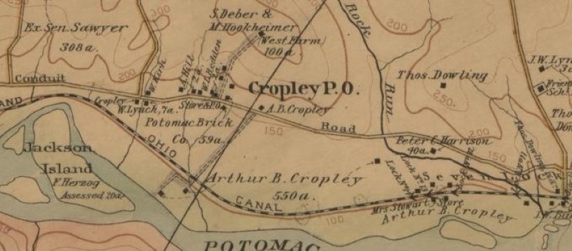 1894 map showing Cropley Post Office, Jackson Island, Conduit Road, and a section of the Potomac River.
