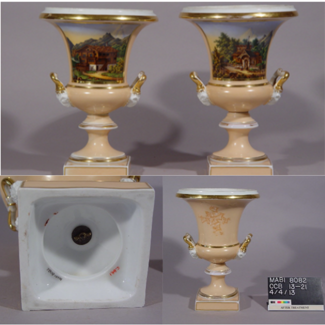 Two peach bell like vases with attached square base and painted scenes of Swiss chalets and Ivy.