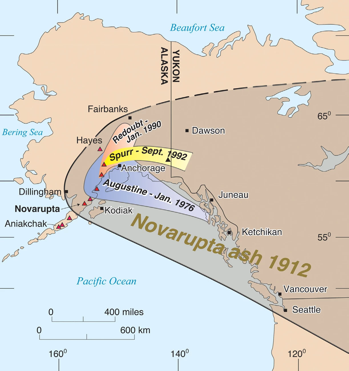 Map of Alaska and adjacent areas showing the location of Novarupta in Katmai NP and the region impacted by ash fall. Within a few days after 1912 eruption, the ash was carried by winds across the contentment.