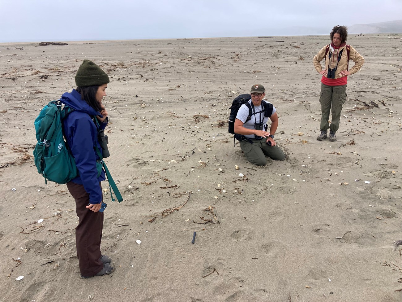 Three people with binoculars converse as one of them kneels on the ground on an expansive stretch of sand.