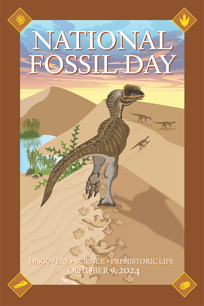 the National Fossil Day 2024 artwork with a predatory dinosaur following a group of three other dinosaurs over sand dunes leaving footprints in their wake.