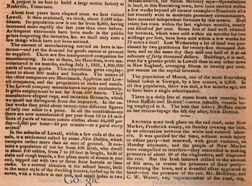 A column of an 1831 newspaper describing the Irish settlement at Lowell