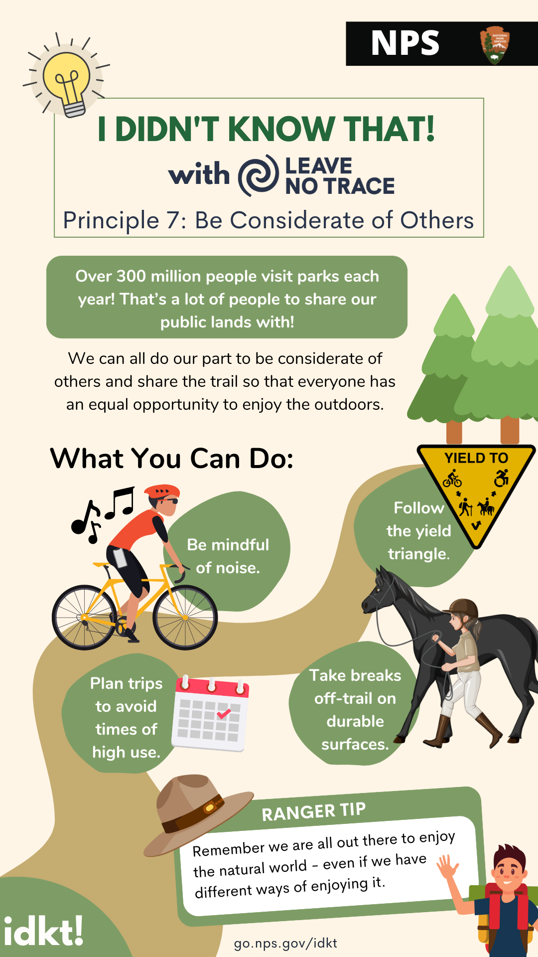 Infographic describing Leave No Trace Principle 7: Be Considerate of Others with tips on what you can do