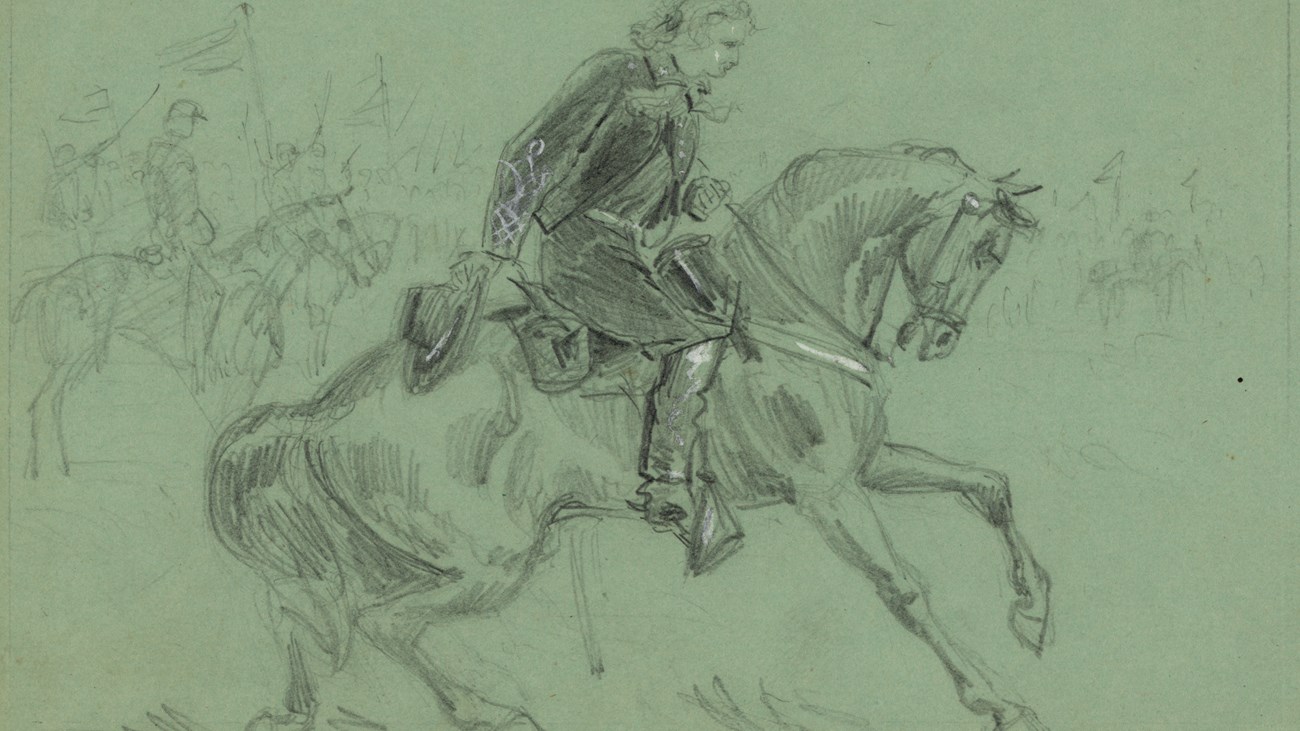 Alfred Waud's pencil sketch of Custer on horseback, hat off, bowing to Rosser before the fight