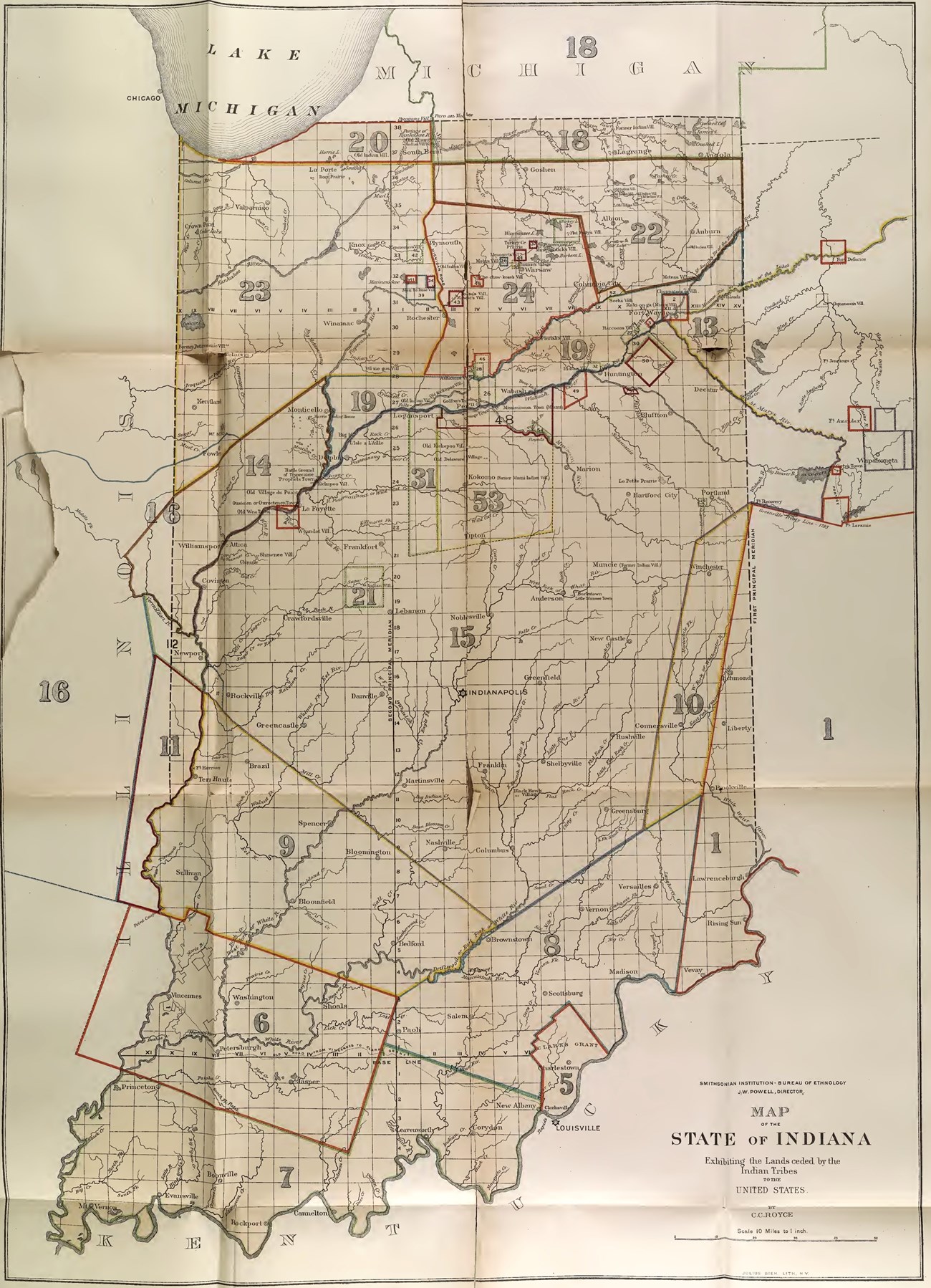 1881 map of Indiana divided into sections representing different cession treaties with Indigenous tribes