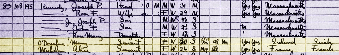 A 1920 census listing showing the written names of occupants at 83 Beals Street. Mary and Alice's names are highlighted in yellow.
