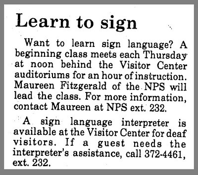 Yosemite Sentinel July 1980. Article in the Yosemite Sentinel about a sign language class and also the availability of a deaf interpreter at the national park.