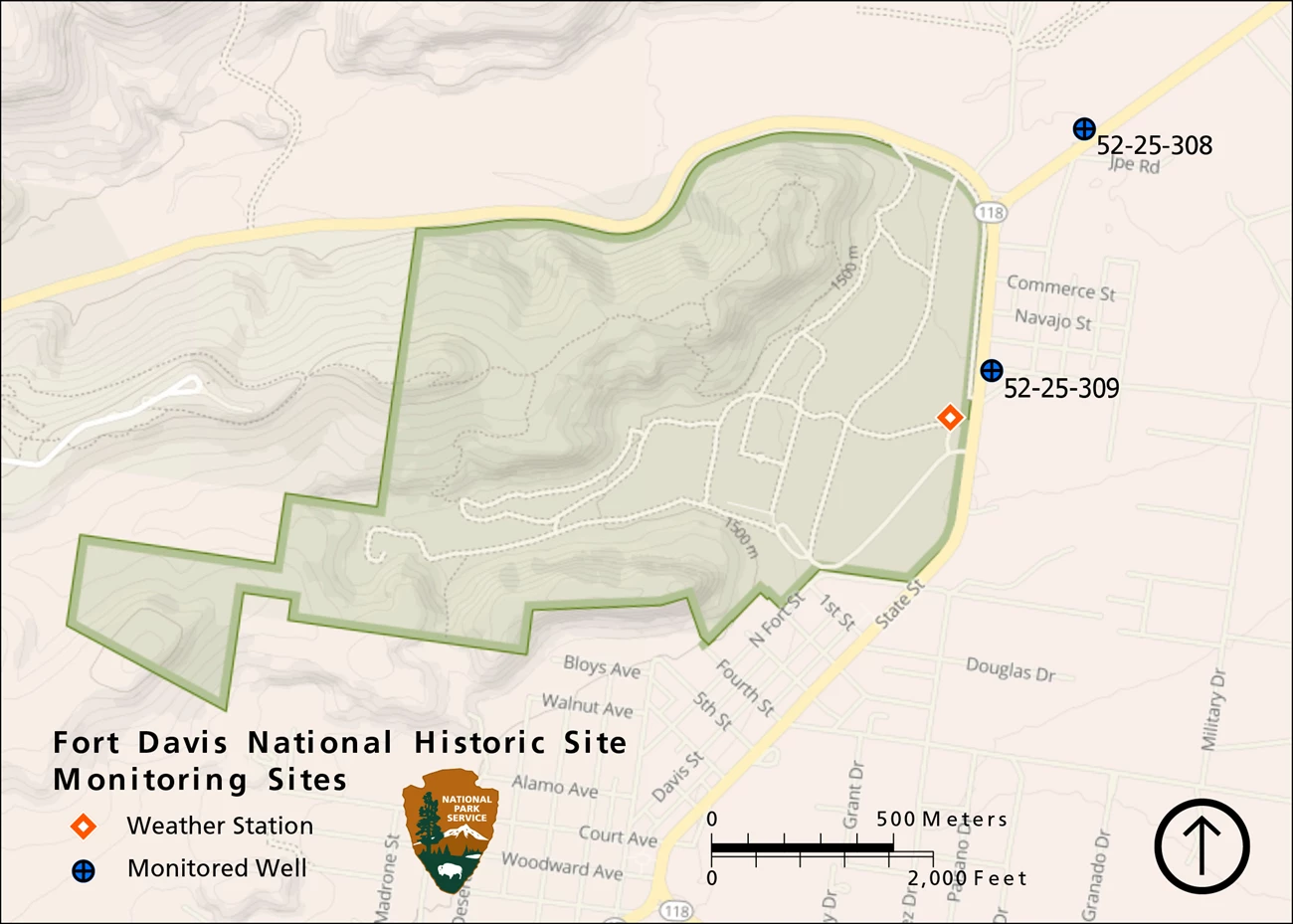 Figure 1. A map of Fort Davis National Historic Site showing the location of a weather station and groundwater wells.