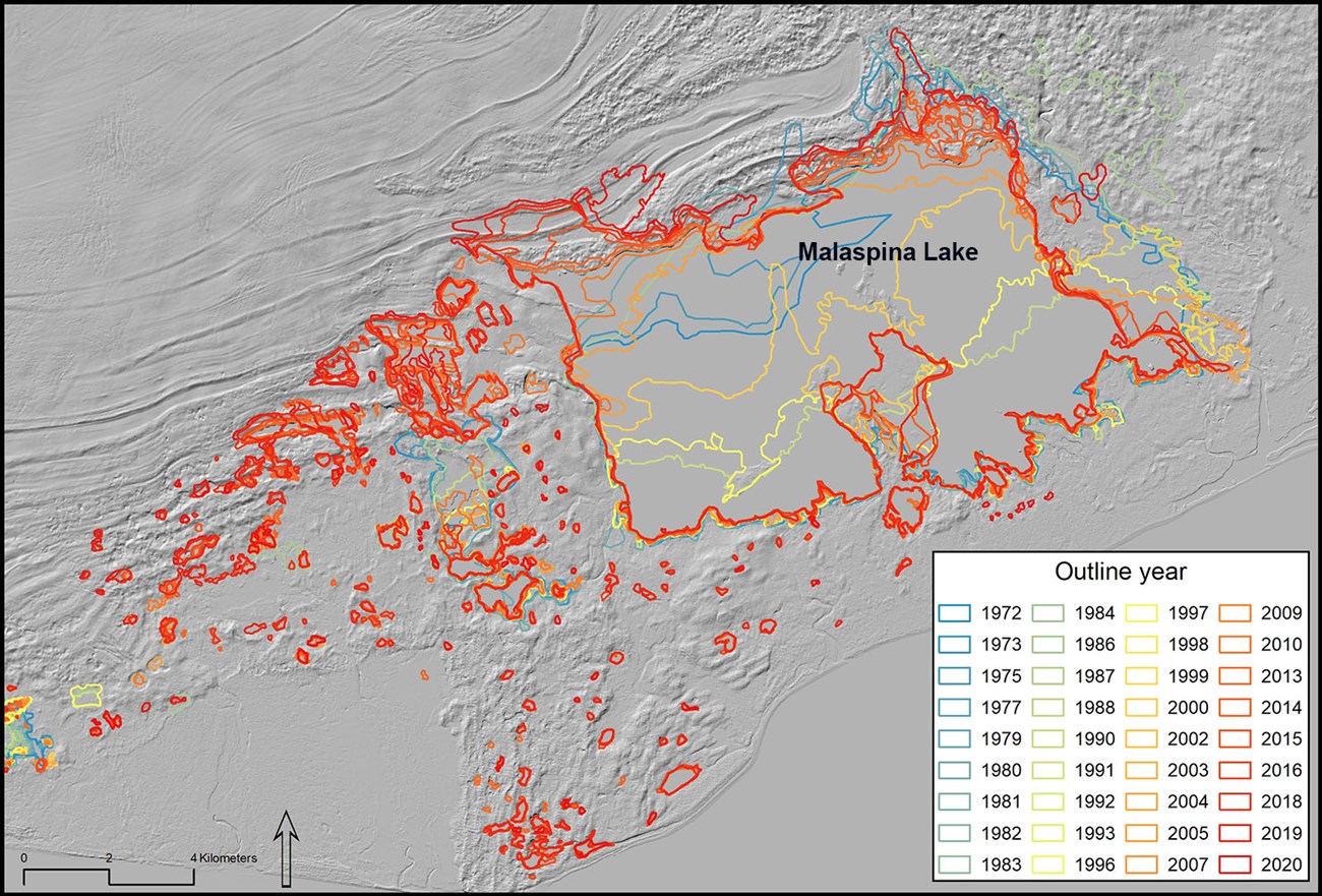 Progression of lake area changes mapped for the Malaspina Glacier.