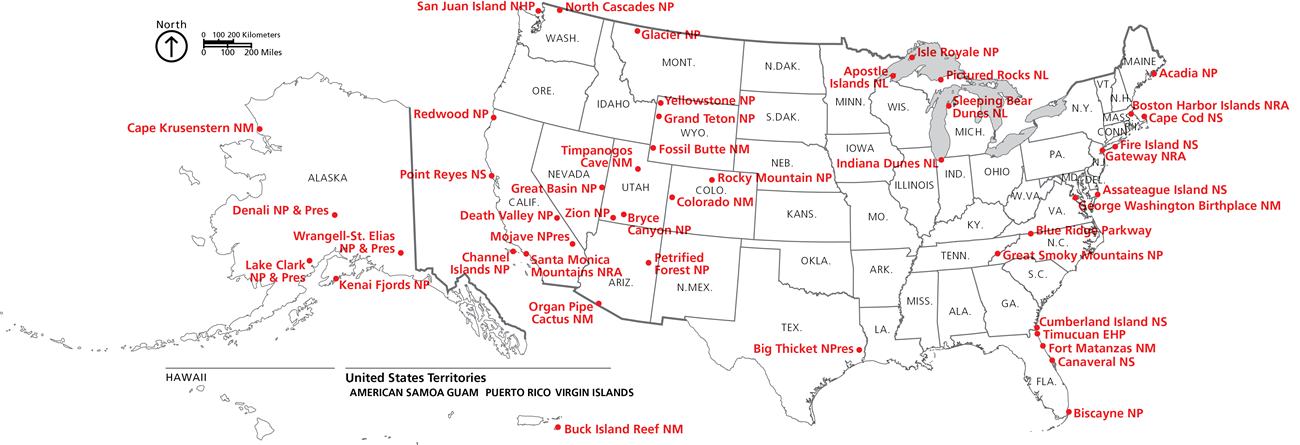 Map of the forty-six parks in the National Park System that participated in the bee inventory research