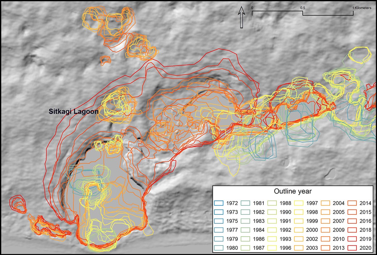 Map showing the expansion over time in a glacier lagoon.