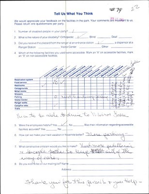 1 person with an “orthopedic disability” filled out form. Recommend more parking and “more pedestrian and bicycle paths to keep people out of the way of cars.” Wrote “Nice to be able to drive to Mirror Lake” and “Thank you for this permit and your help.”
