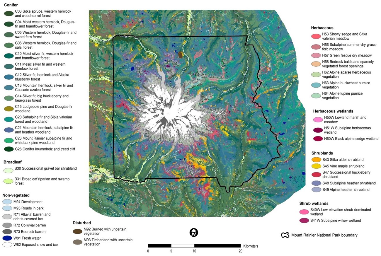 Map showing patterns of the vegetation communities in the park, including 14 conifer communities, followed by 7 herbaceous, 5 shrubland, 7 non-vegetated, 3 herbaceous wetland, 2 shrub wetland, and 2 broadleaf communities as well as 2 disturbed classes.