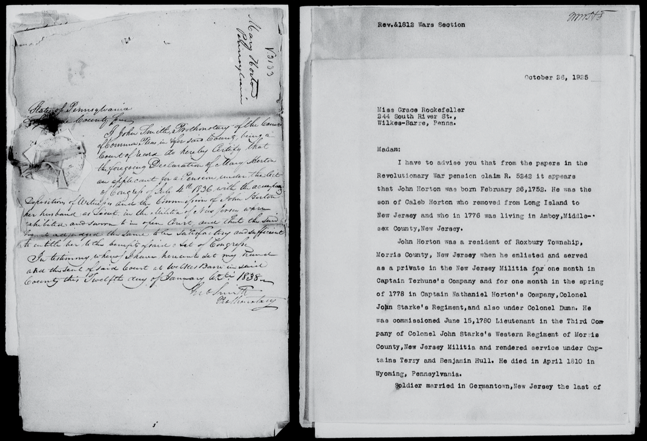 Two historic documents. The page on the left is hand-written in cursive, creased, stained, and hard to read. The page on the right is neatly typed.